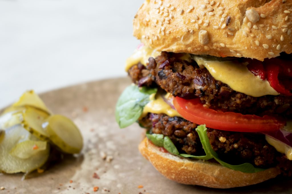 vegan burger, double deck burger, vegan cheeseburger, vegan recipes, mushroom burger, burger