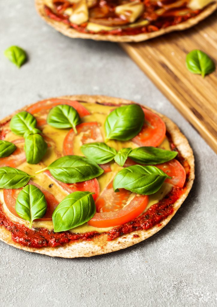 tomato basil pizza, easy pizza, tortilla tomato basil pizza, quick pizza, vegan pizza