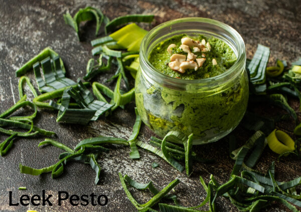 The picture of Leek Pesto from ReShape. Food Waste cookbook by Kate Bartel, zero-waste and vegan cookbook
